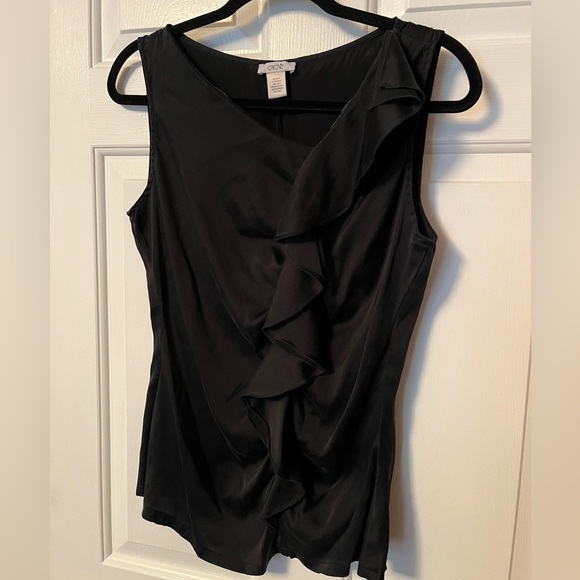 Caché Silk Sleeveless Fitted Black Top Sz L Shirt Ruffle Dressy Cocktail Women - Picture 11 of 13